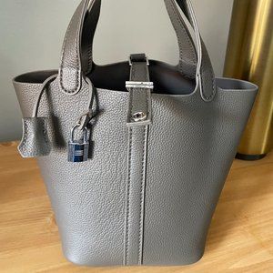 Herme Picotin like Style Grey Leather Bag Hand sewn